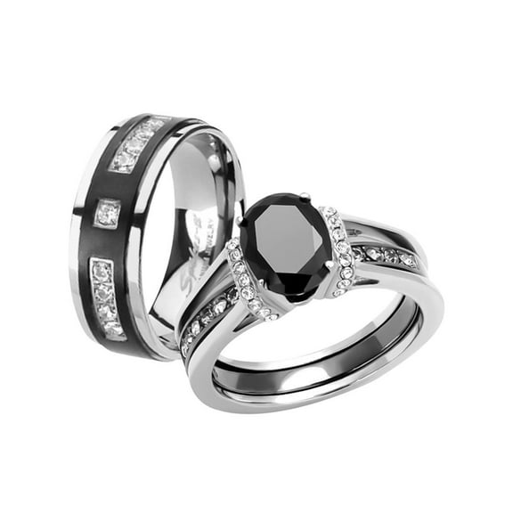 Her & His Black Cz Stainless Steel Wedding Engagement Ring & Titanium Band Set Women's Size 10 Men's Size 13