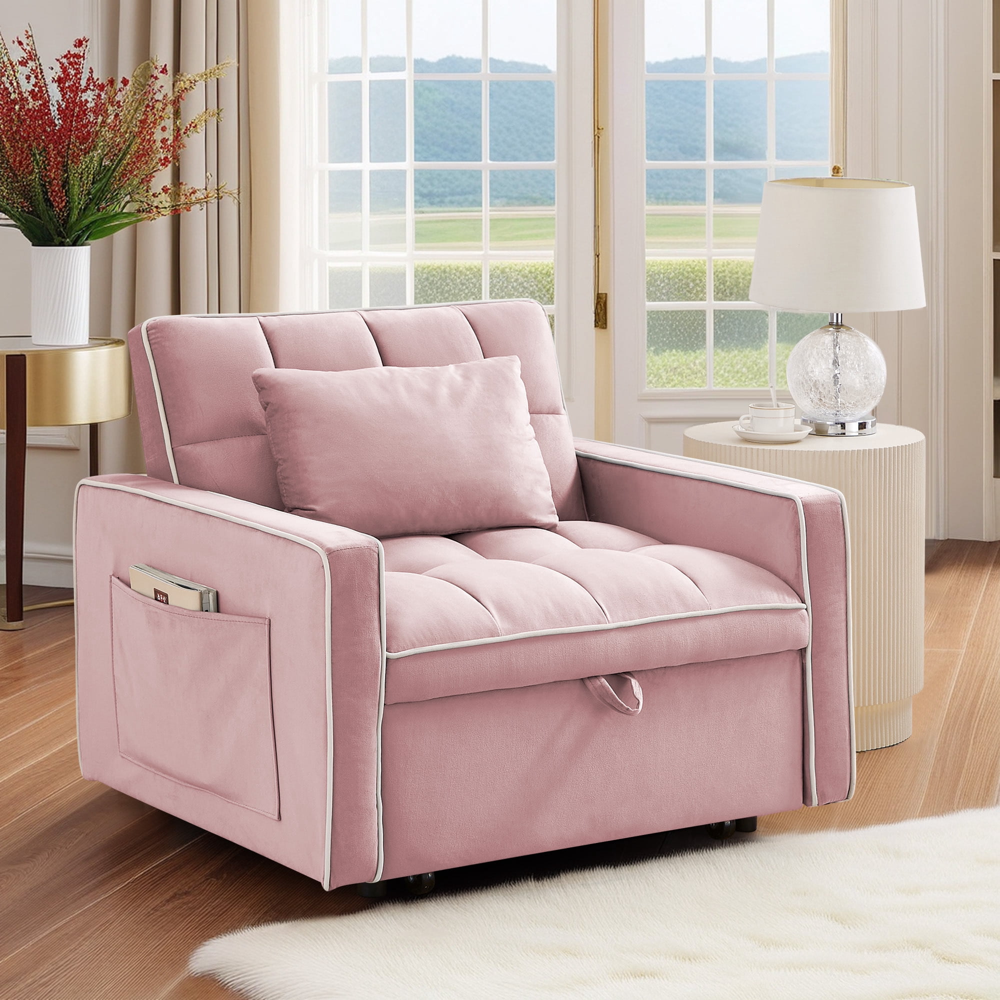 Dinosisco 4-in-1 Convertible Chair Bed, Sleeper Chair Lounge Chair Indoor, Modern Single Pull Out Couch for Living Room, Pink Velvet