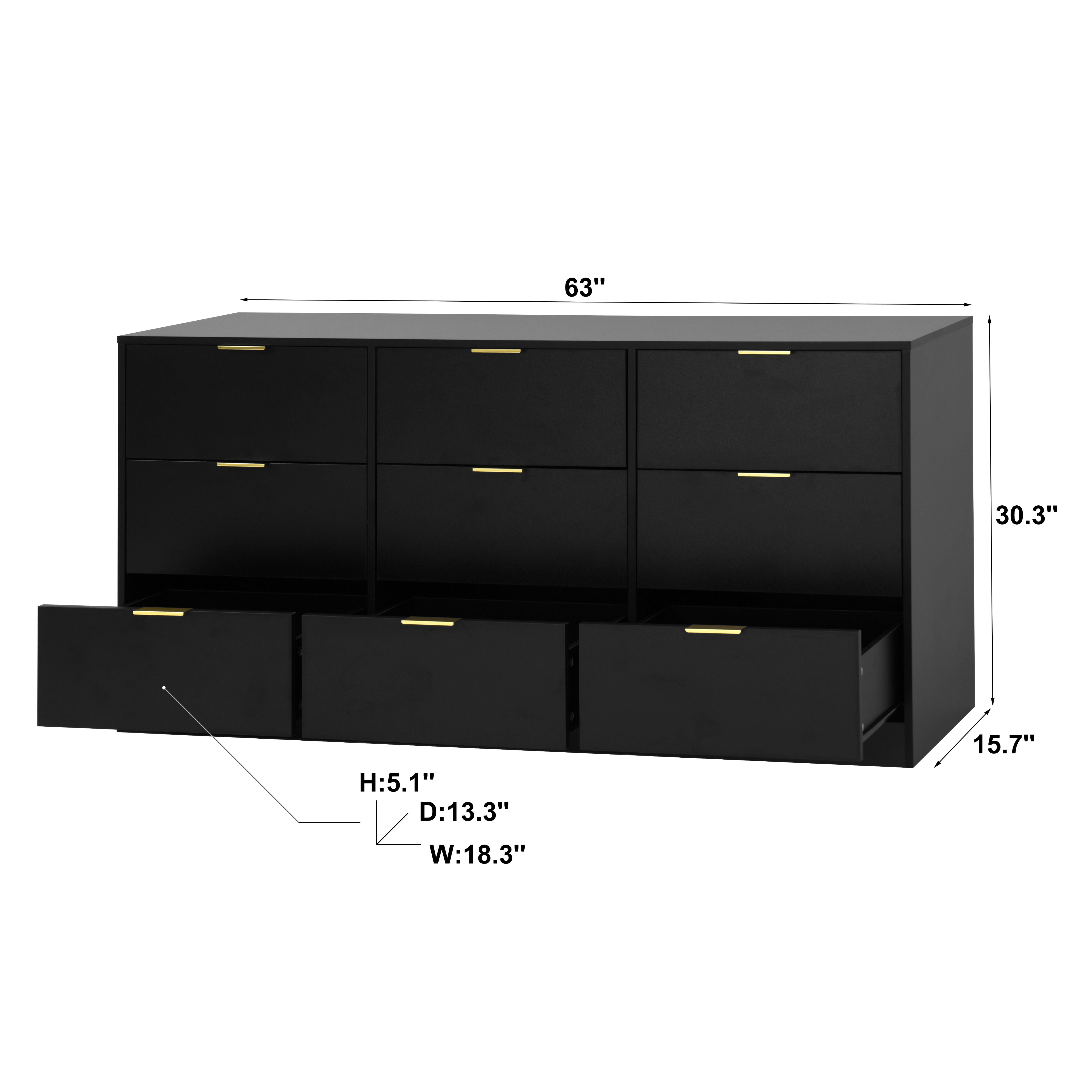Mintazer 9 Drawers Dresser, 63" Large Deep Storage Chest of Drawers with Gold Metal Handles for Entryway Bedroom Living Room Hallway, Black