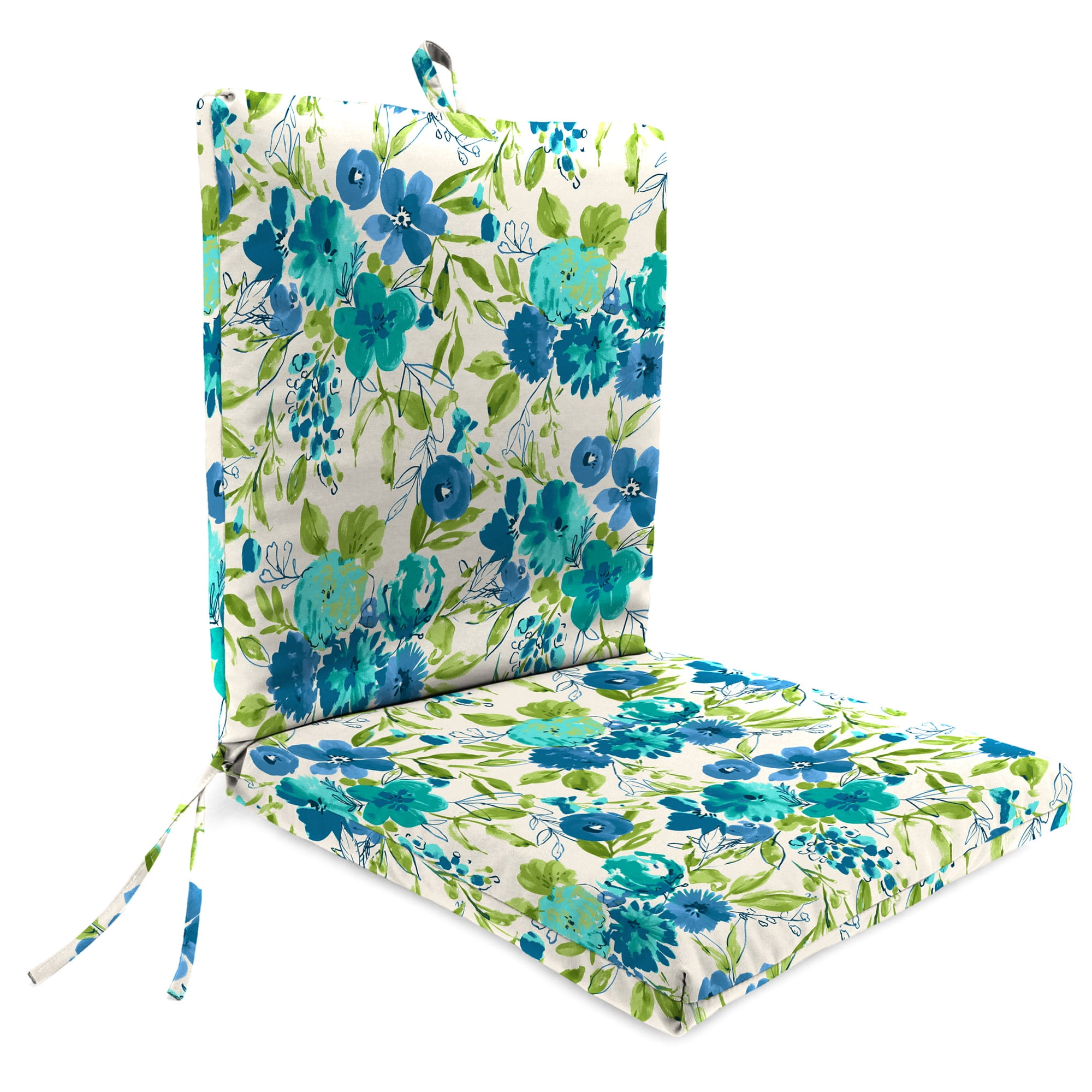 Jordan Manufacturing 44" x 21" Bettina Aqua Cream Floral Rectangular Outdoor Chair Cushion with Ties and Hanger Loop (2 Pack)