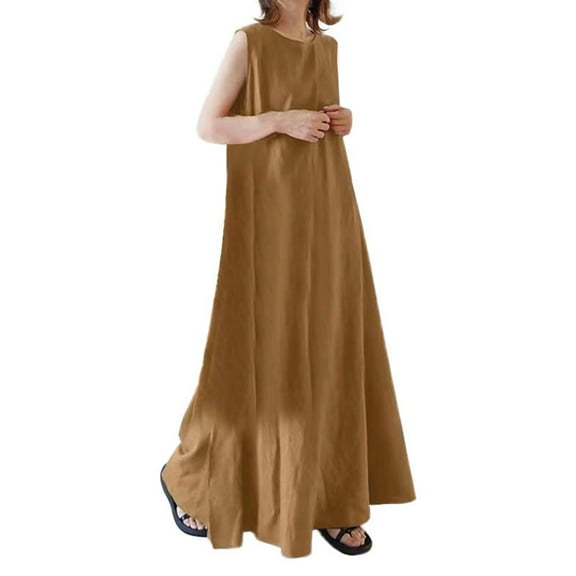 Dpytoraw Pure Color Linen Blend Loose Fit Maxi Dress Sleeveless Wide Flare Long Dress For Plus Size Women’s Plus Size Maxi Dresses