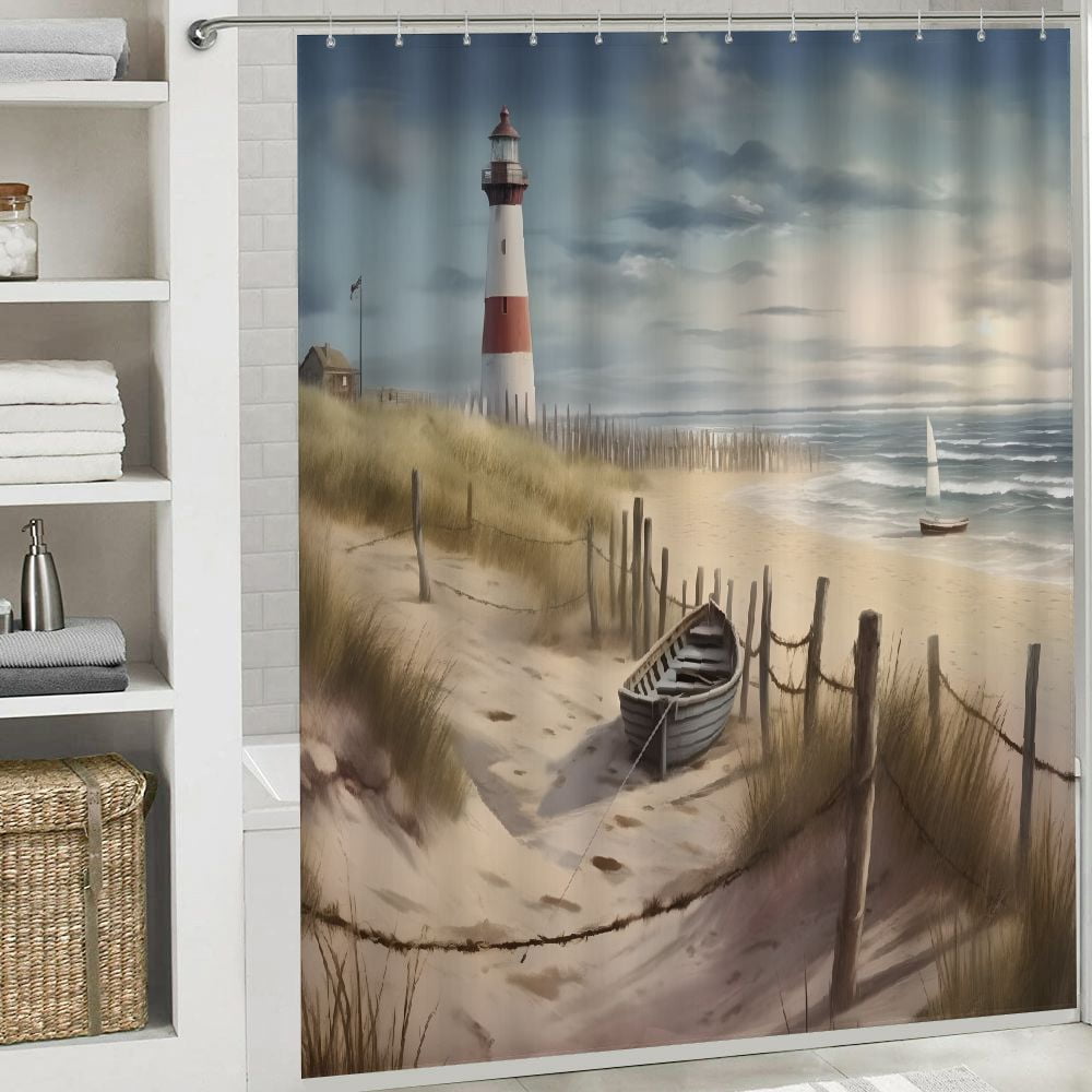 Pratyus Lighthouse Boat Fence Fabric Shower Curtain with Hooks, Polyester Bathroom Decor Set for Shower/Bathtub, Waterproof & Quick Drying, Various Sizes 60x72