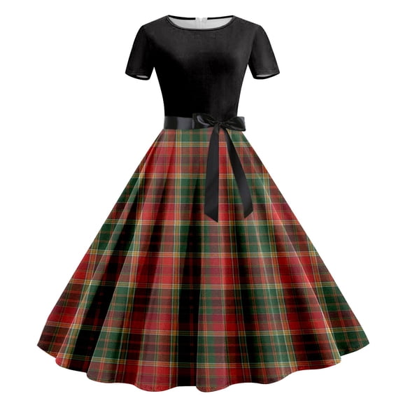 Adeawade Christmas Party Dresses For Women Short Sleeve Evening Prom Dress Winter Round Neck Plaid Prints Dresses Lovely Clothes Brick Red L
