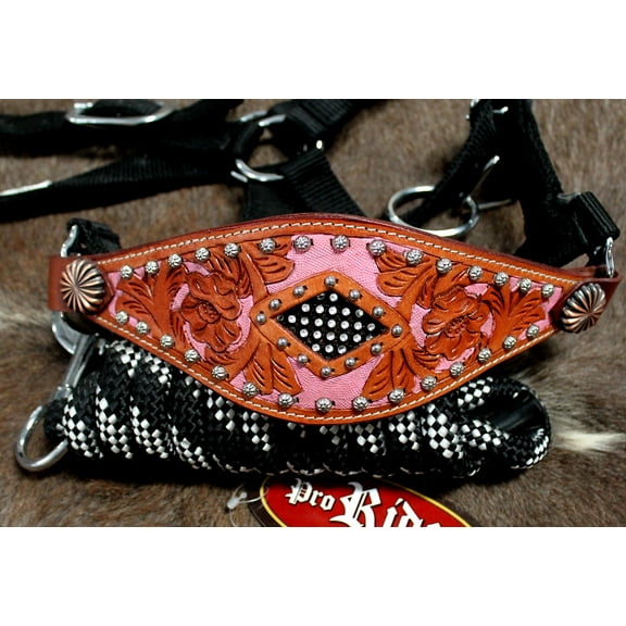 Horse Noseband Tack Bronc Leather HALTER Tiedown Lead Rope 28003