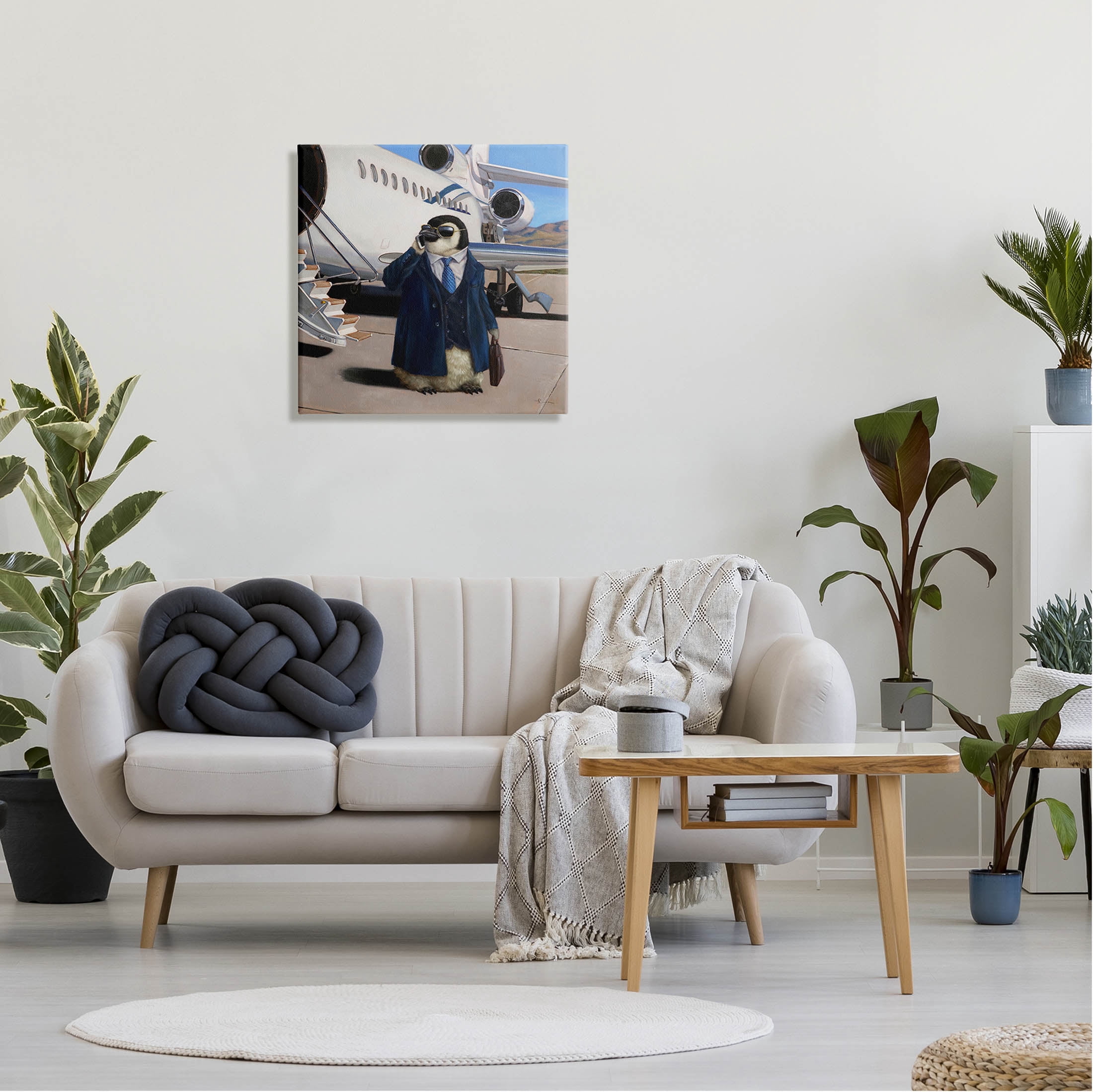 Penguin Businessman Suit Airplane Animals & Insects Painting Gallery Wrapped Canvas Print Wall Art
