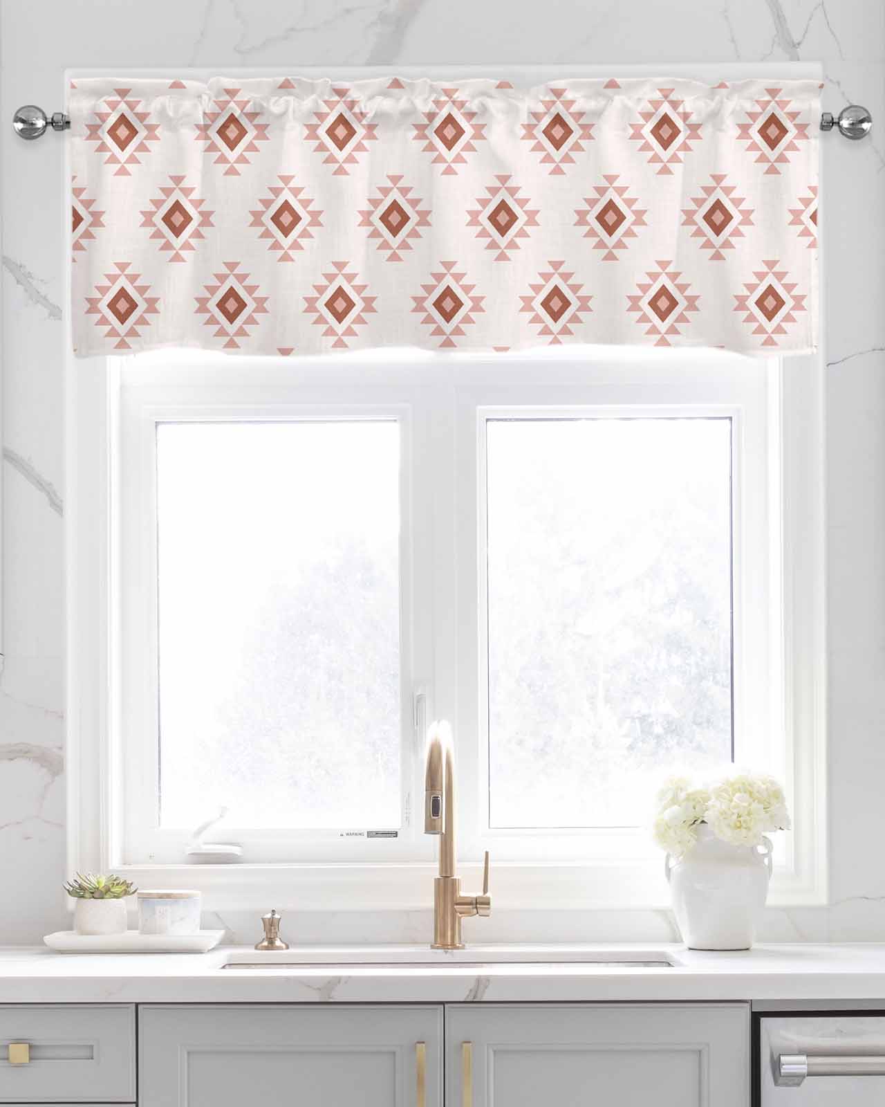 White Boho Geometric Kitchen Valances for Windows Farmhouse Linen Window Valance Curtain for Living Room Window Treatment Modern Simple Aztec Ethnic Pattern Valance Rod Pocket Topper, 42 x 18 Inch