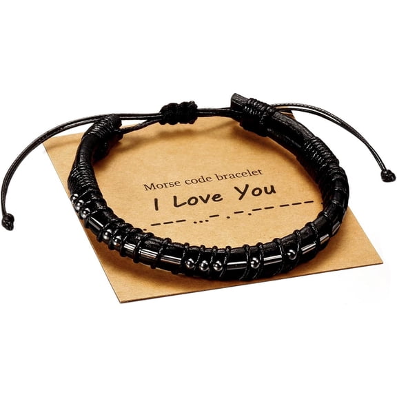 Morse Code Bracelets for Men, Gunmetal Beads on Black Leather Bracelets for Mens Gifts Inspirational Gifts for Him Best Friend Boyfriend Husband Son Dad Grandpa Boys Brother Mens Jewelry
