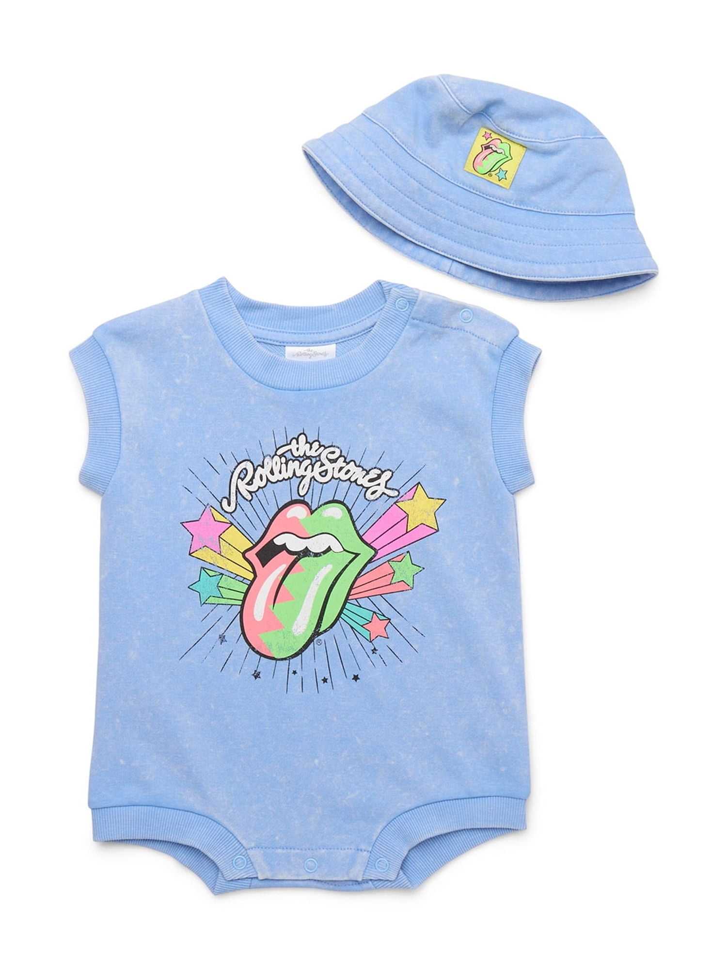 Rolling Stones Baby Girls Graphic Romper and Bucket Hat Set, 2-Piece, Sizes 0/3M-24M