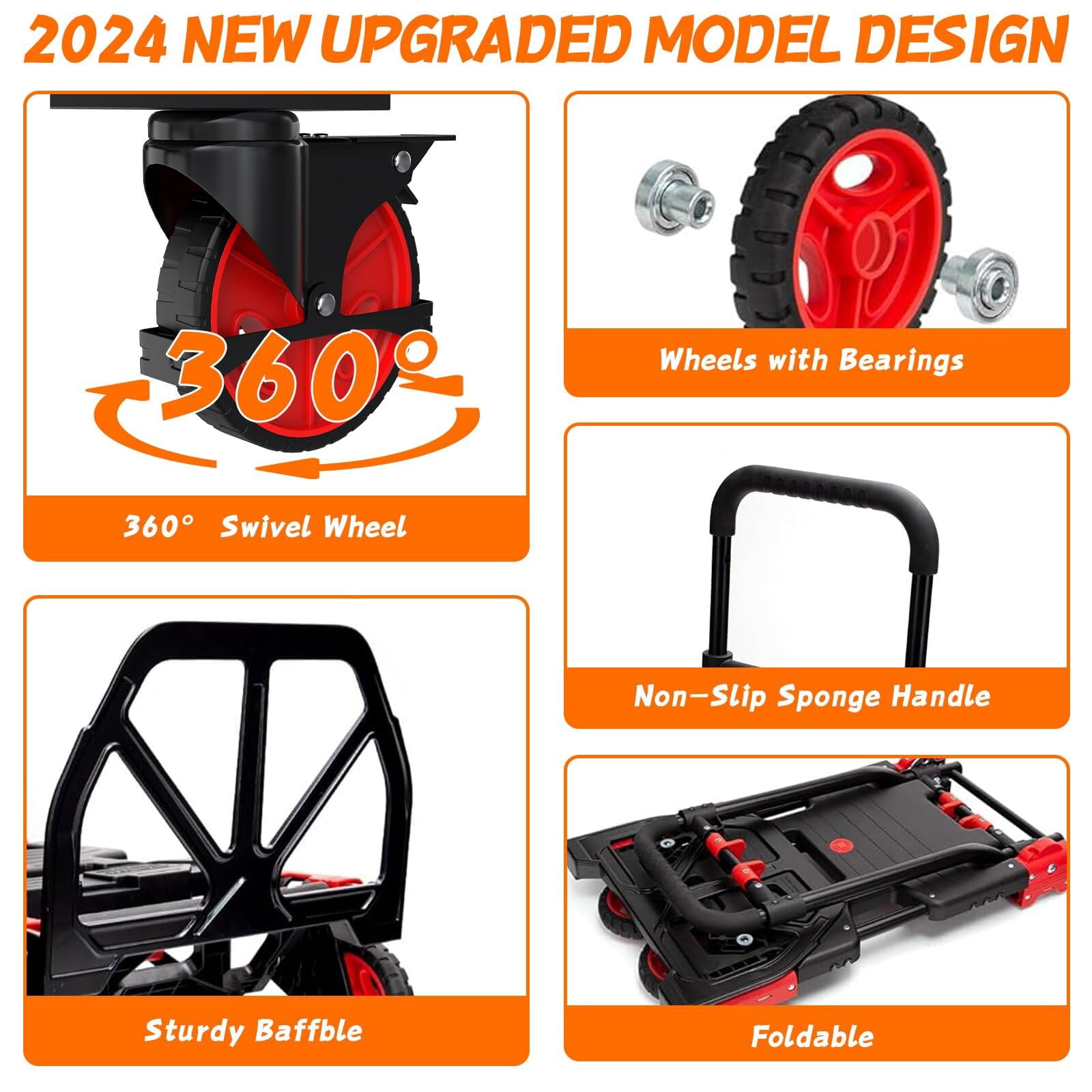 2-in-1Hand Truck Dolly with Folding Basket, Dolly Cart with 4 Wheels, Wagons Carts Foldable with Retractable Handle, Foldable wagon for Moving, 330LBS Capacity, Red