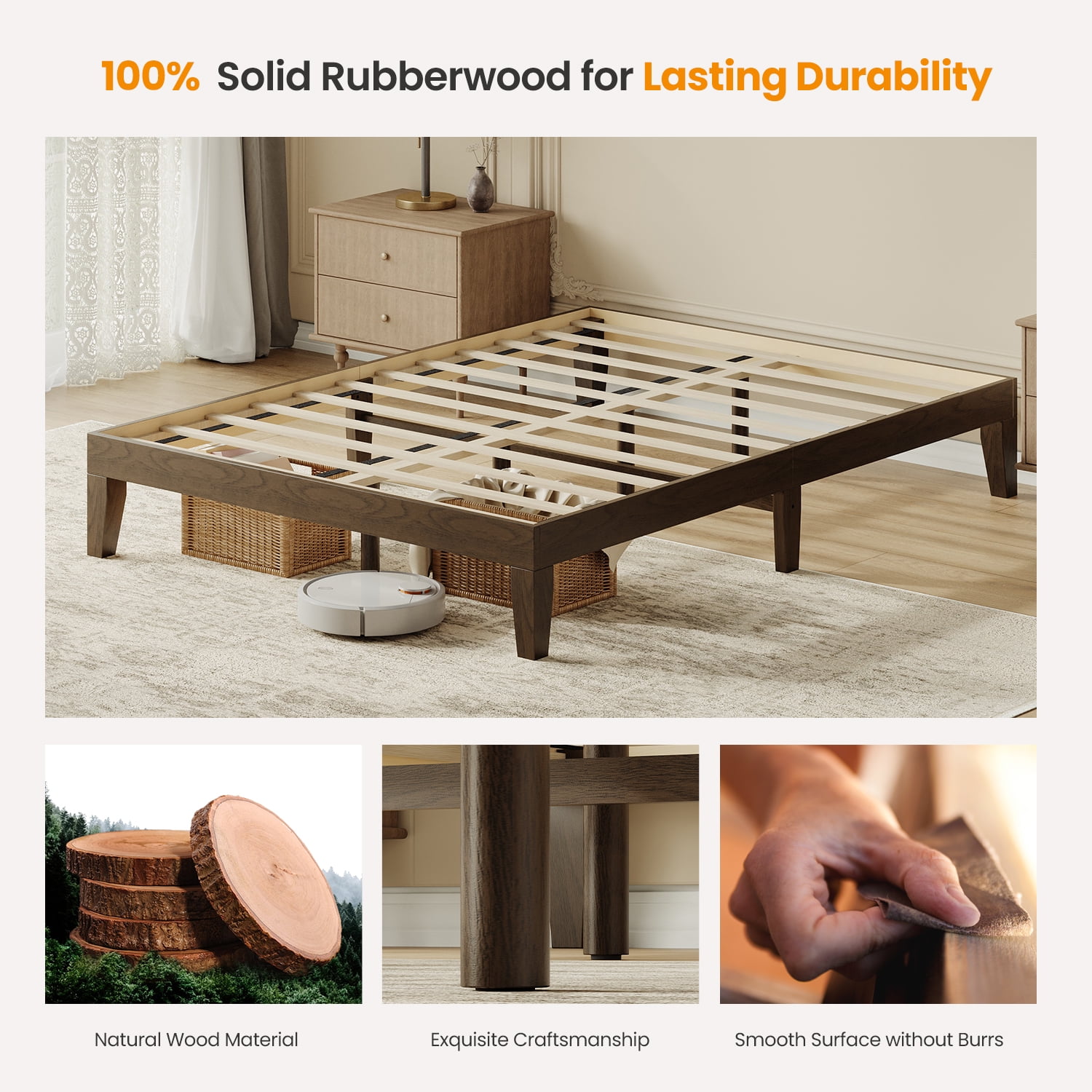 EOP Full Size Bed Frame, Solid Wood Bed Frame with Under Bed Storage, Platform Bed Frame with Wooden Slats, No Box Spring Required, Espresso