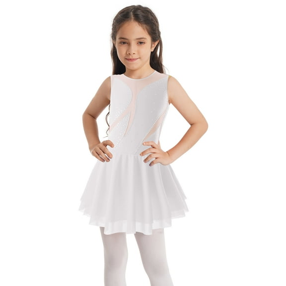 iEFiEL Girls Sparkle Rhinestone Figure Ice Skating Leotard Youth Dance Dress Juniors Gymnastics Skirted Leotard White 16