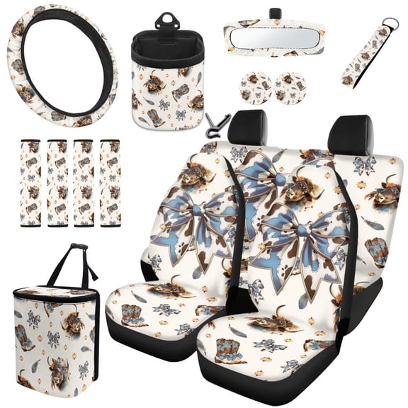 HUISEFOR 15 Packs Cow Print Bow Car Seat Cover Full Set Scratch-Resistant Including Steering Wheel Cover, Belt Cover, Breathable, Non Slip, Easy Installation, Fit for Most Cars, Auto, SUVs
