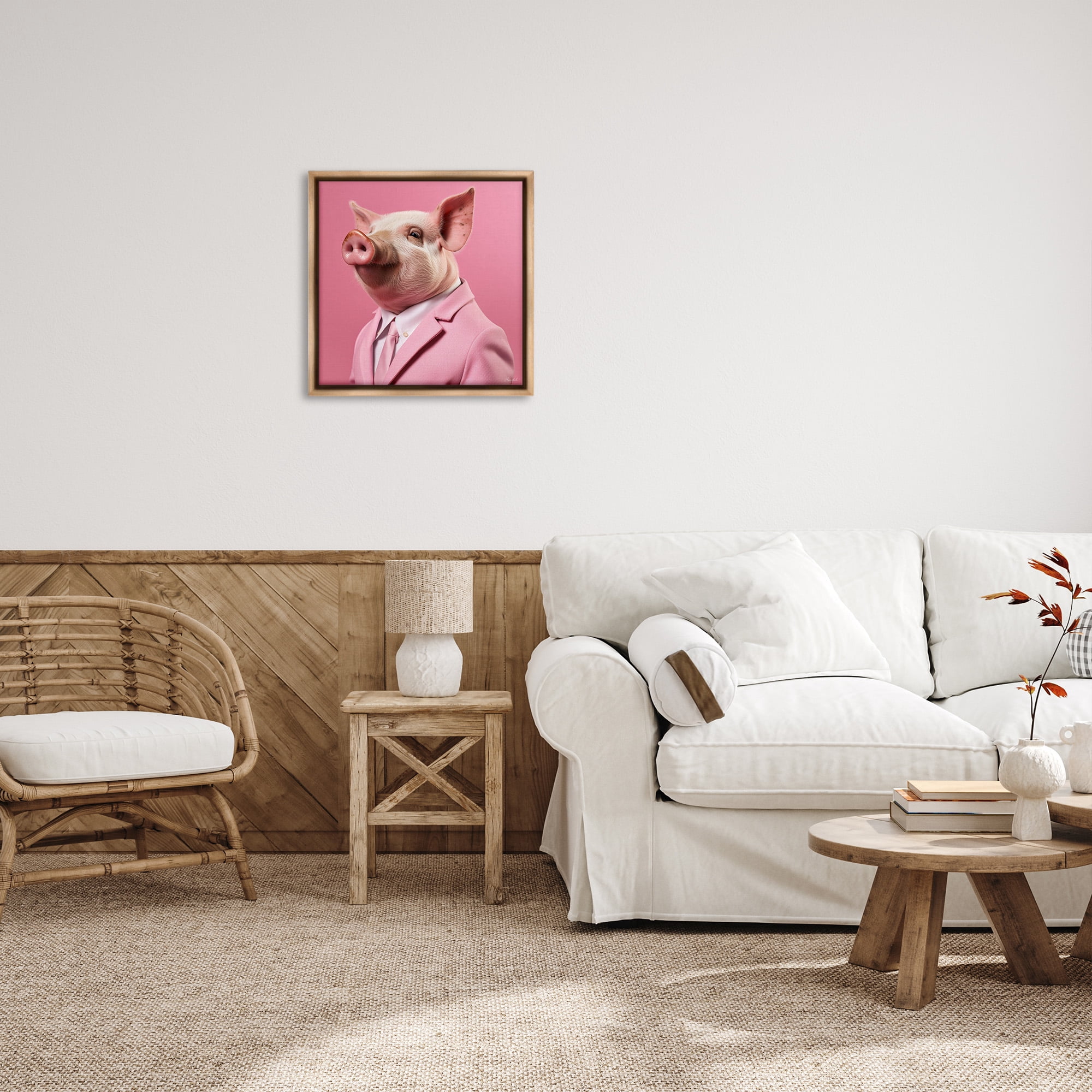 Stupell Industries Pink Pig Fashion Animals & Insects Painting Brown Floater Framed Canvas Art Print Wall Art, 25 x 25