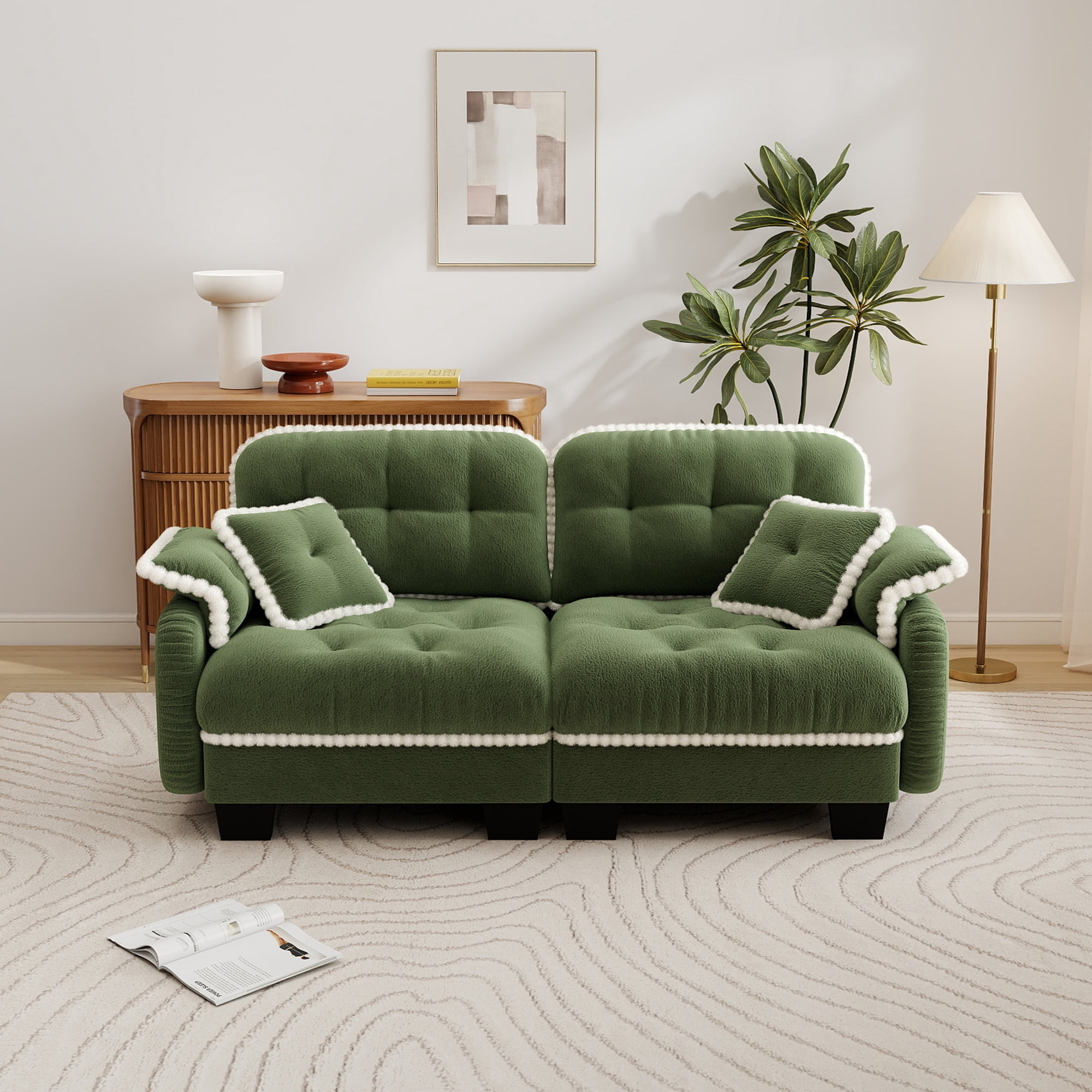 Aenkyo 70" Chenille Modular Loveseat with 23.8" Deep Seat and Pom-Pom Trim, Green