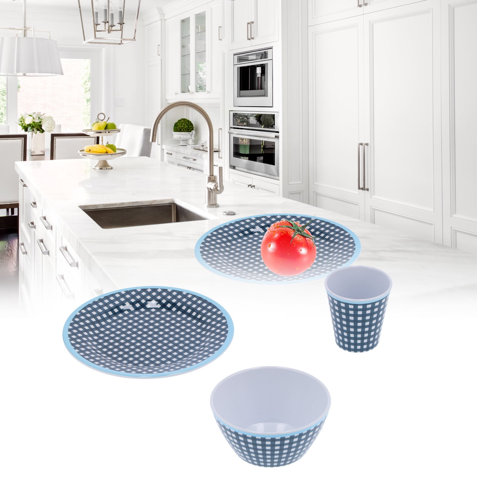 YAHHU 12-Piece Melamine Tableware Set, Dark Blue Grid Pattern Dinnerware Dishes Includes 4 Cups, 4 Bowls, and 4 Plates for Home Kitchen Restaurant Daily Use, Service for 4, Lightweight