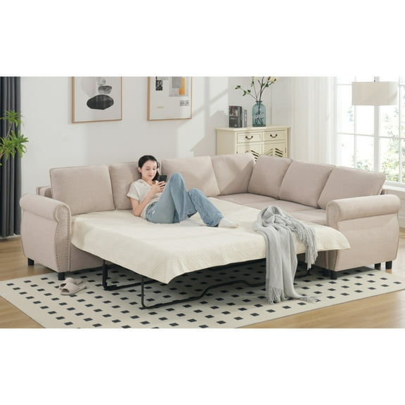 Sleeper Sofa Bed, 2 in 1 Pull Out Couch with Mattress, 104'' 6 Seater Upholstery Sectional Couches, L Shaped Sleeper Sectional Sofa Couch, Riveted sofa, for Living Room, Apartm