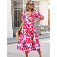 thumbnail image 3 of Vestido Floral con Escote en V para Mujer, Verano 2025, Moderno, Bohemio, Plisado, con Mangas Abullonadas. Rosa Púrpura L, 3 of 5