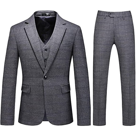 nipocaio Men's 3 Piece Suits Slim Fit Tweed Suit Plaid Slim Fit Mens Suits One Button Suit Tuxedo Set (Grey, L)