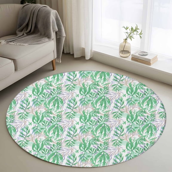 Round Area Rug 3 Ft, Green Seagrass Washable Non-Slip Circle Carpet for Living Room/Bedroom, Ocean Coral Coastal Leaf Watercolor Low-Profile Small Floor Mats Collection Rugs for Indoor