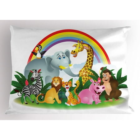 Wildlife Pillow Sham Illustration Of Cartoon Animals Under Rainbow