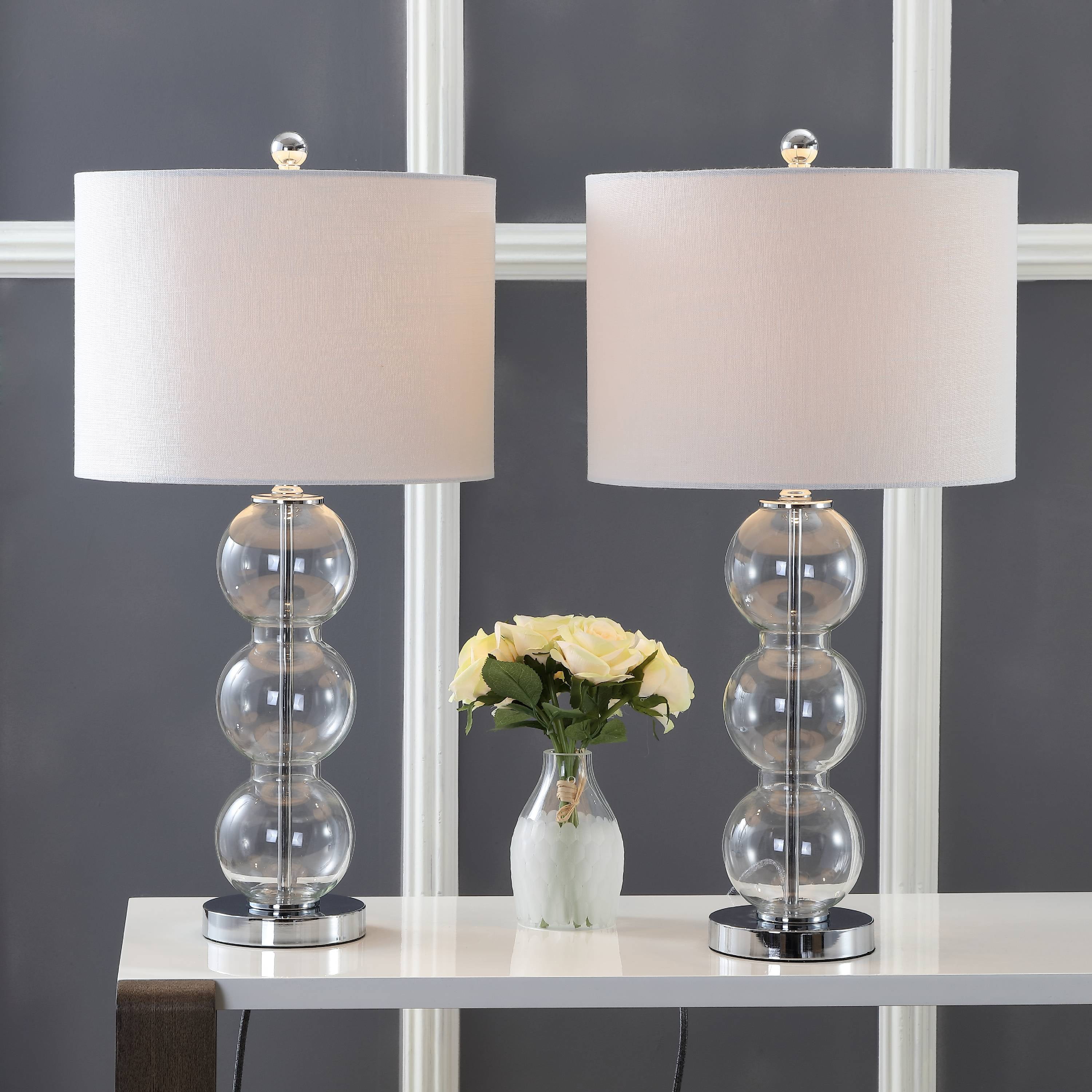 Bella 27" Glass Triple-Sphere LED Table Lamp, Clear/Chrome (Set of 2)