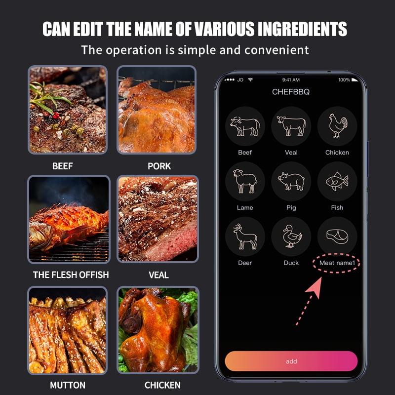 800FT smart wireless meat thermometer, with the thinnest probe, Bluetooth food thermometer, remote tracking and real-time reading through the app, suitable for barbecues, grilling, smoking devices