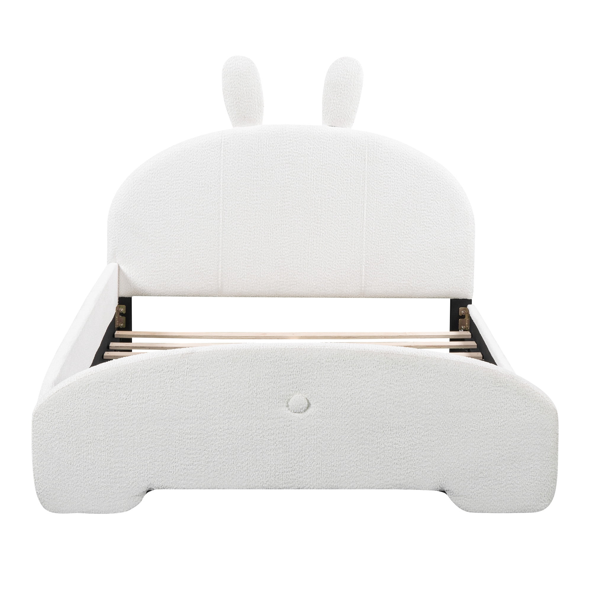 Aukfa Full Size Upholstered Platform Bed with Cartoon Bunny Ears Headboard for Kids Girls, White