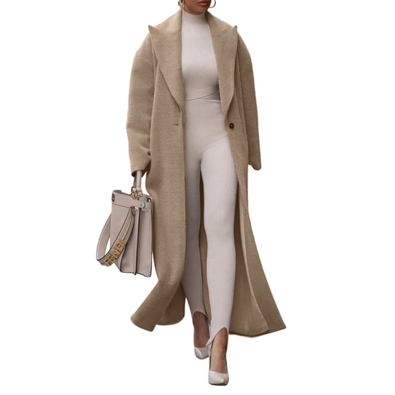 Katigan Female Fashion Notched Lapel Single Breasted Open Front Maxi Long Trench Coat Overcoat with Pockets Khaki S