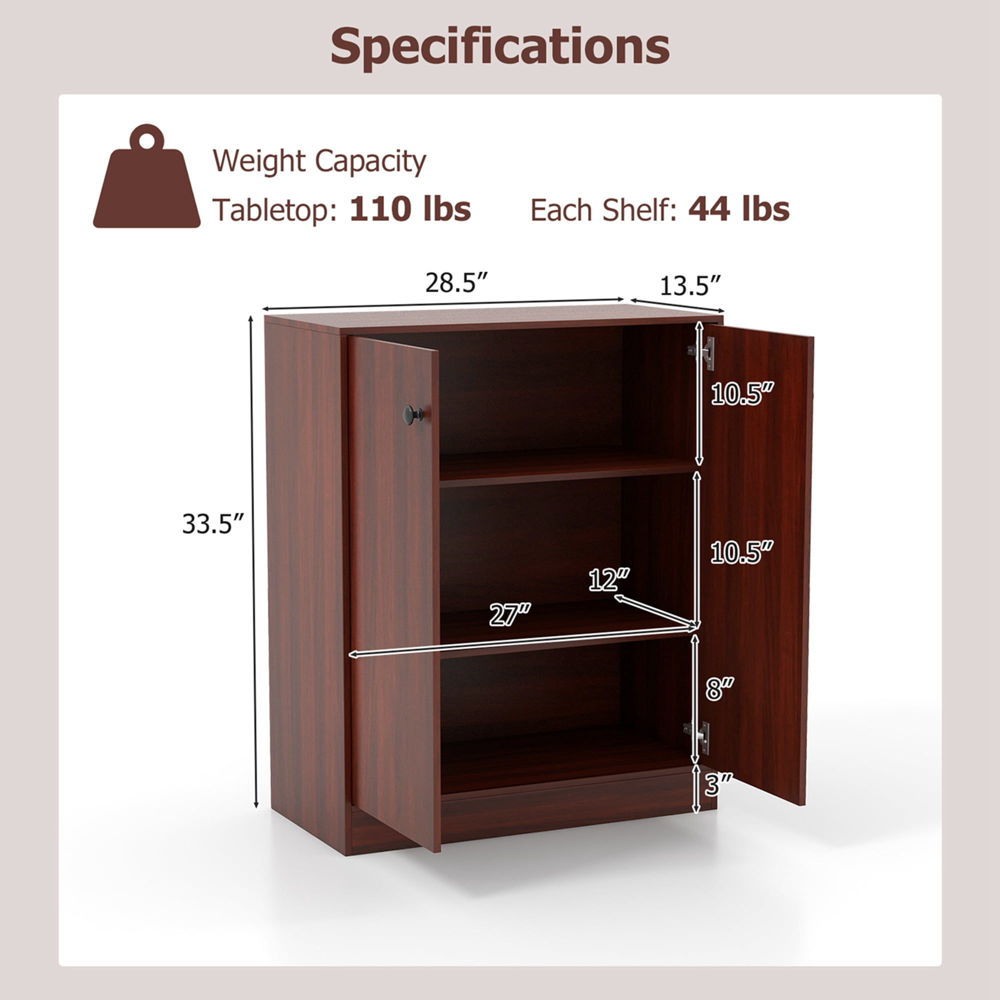 Costway 2-Door Storage Cabinet Freestanding Storage Organizer with 3-Tier Shelf Entryway Brown