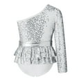 thumbnail image 2 of iEFiEL Kids Girls Single Long Sleeve Gymnastics Ballet Leotard Oblique Shoulder Shiny Sequins Jumpsuit Acrobatics Bodysuit Silver 12, 2 of 5
