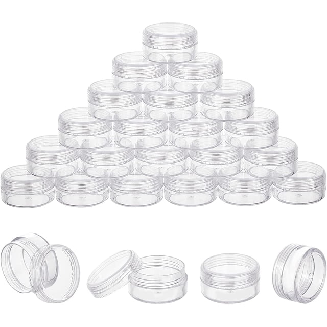 Paquete de 30 frascos de plástico transparente vacíos para almacenar cuentas de 10 ml (1,47" x 0,78") con tapas de rosca redondeadas.