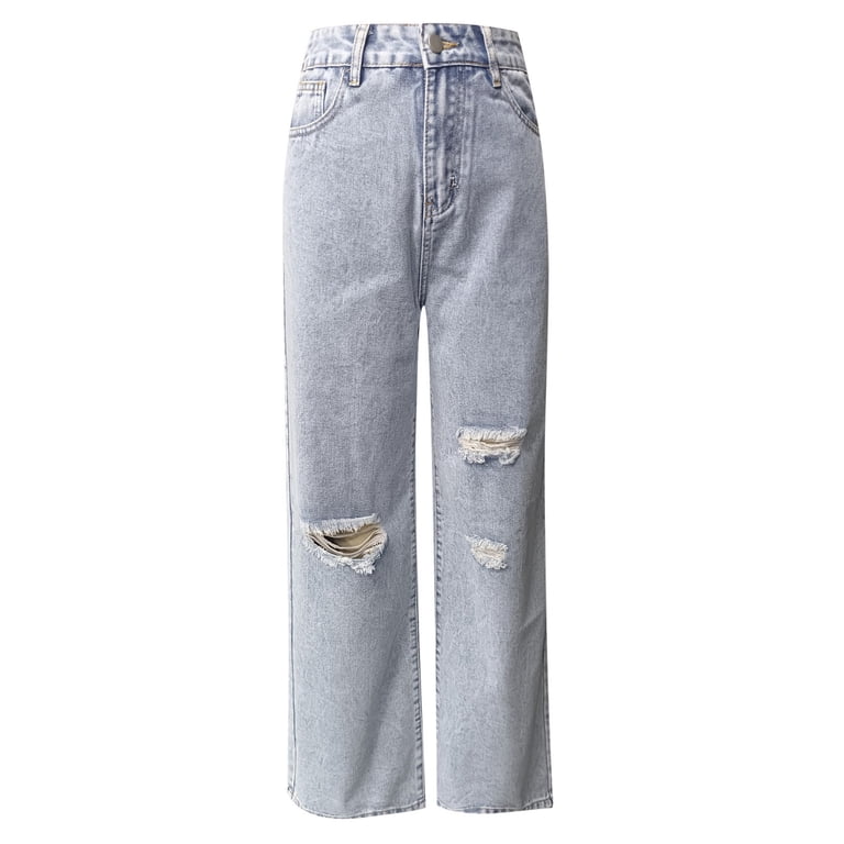 Tiweut Jeans for Women Ripped Straight Leg Denim Long Pants Wide 