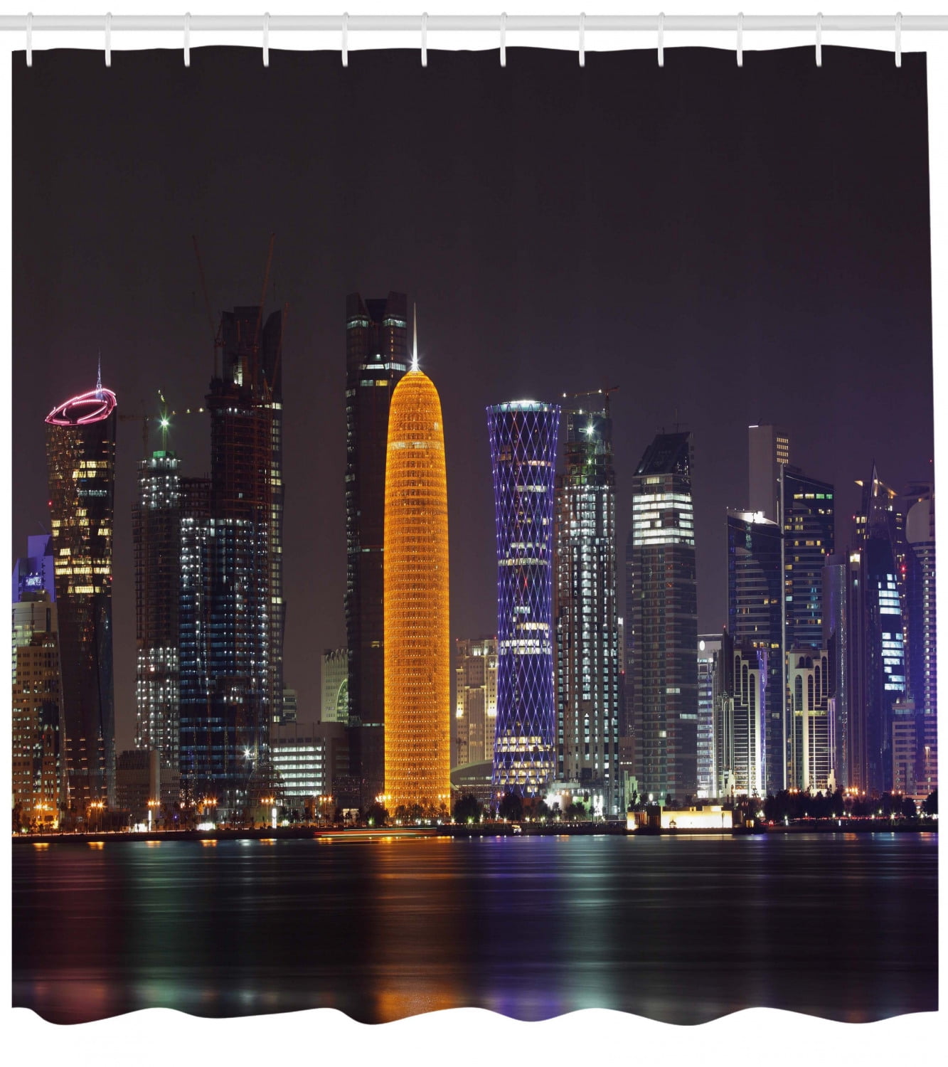 Urban Shower Curtain, Qatar Middle East Town with Luminous Skyscraper