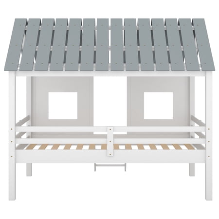 Euroco Wood Twin Size House Bed with Ladder for Kids Teens, Low Loft Bed, White