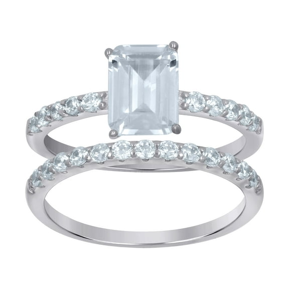 Sterling Silver Women's Emerald Cubic-Zirconia Duo Bridal Anniversary Wedding Engagement Band Ring Set Size 10