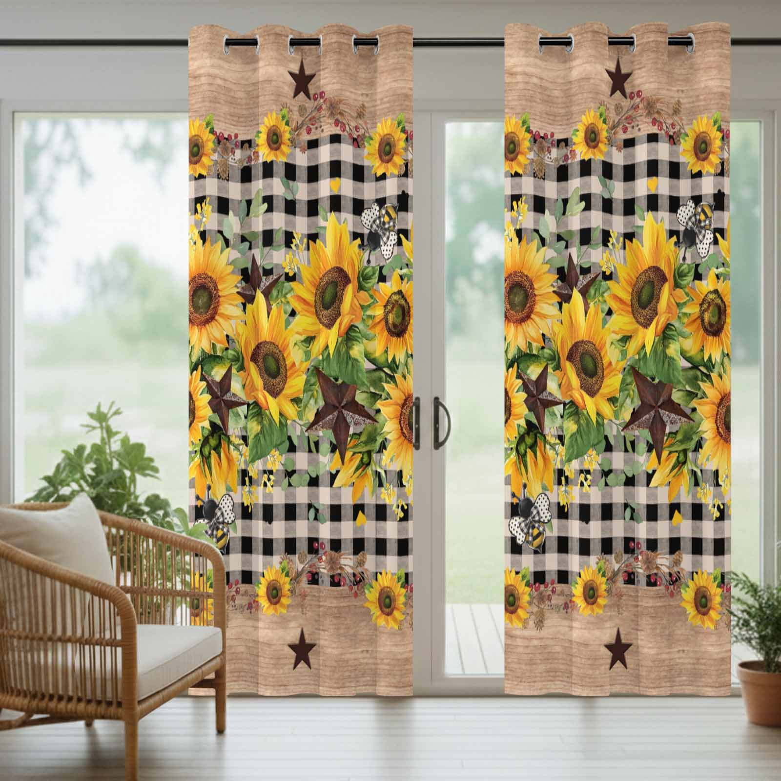 Outdoor Curtains for Patio Waterproof, Spring Sunflower Windproof Pravicy Outside Porch Blackout Curtain, Checkered Star Farmhouse Retro Sun Blocking Grommets Curtains for Cabana Gazebo 54"x108"