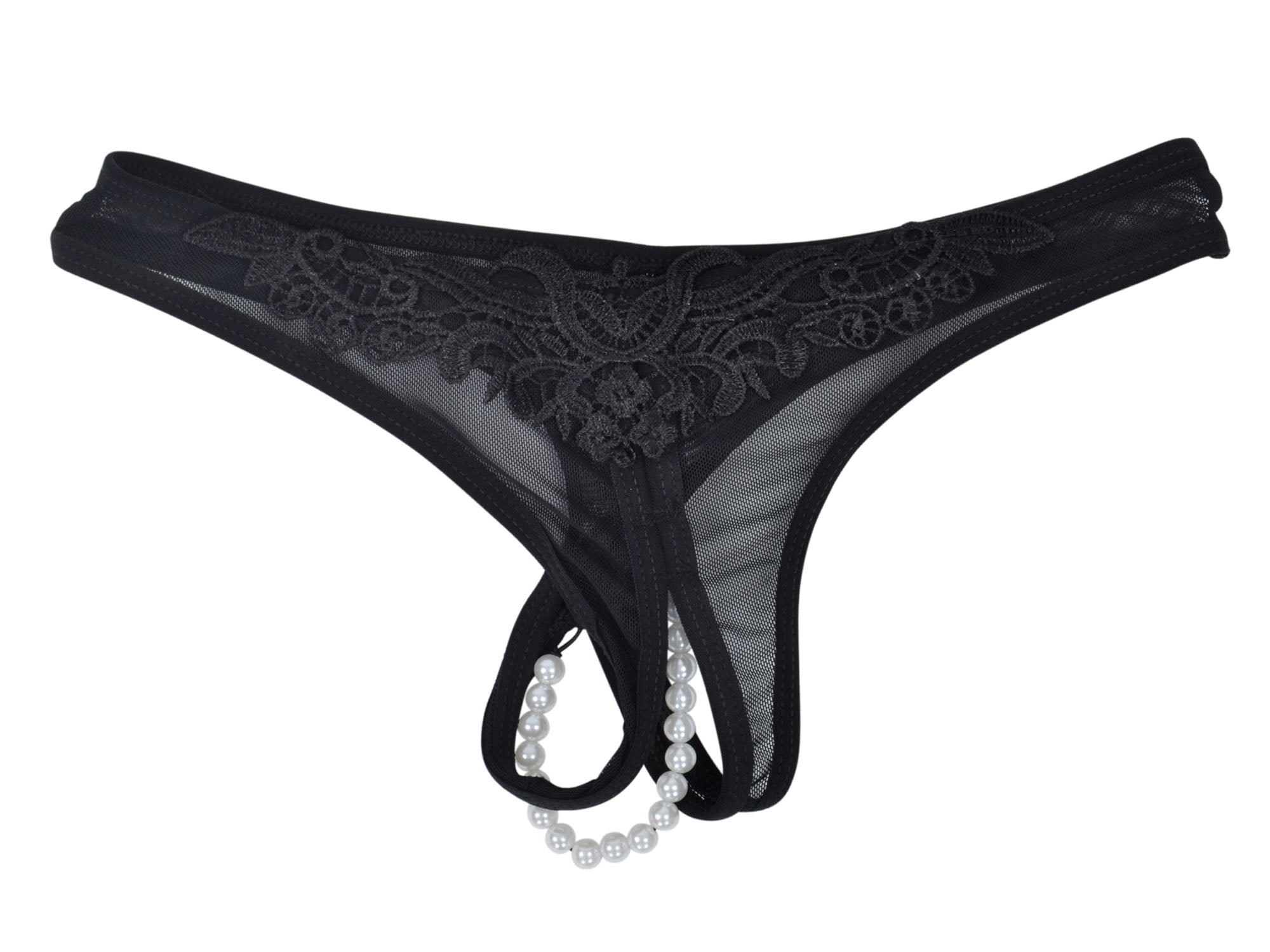 Simplicity Women Open Crotch Lingerie Pearl Bead Underwear G String Thong Black