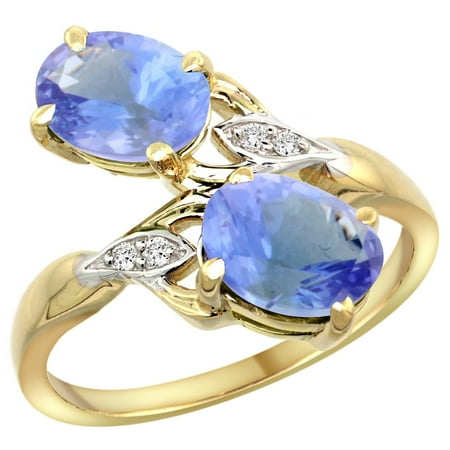 - 14k Yellow Gold Diamond Natural Tanzanite 2-stone Ring Oval 8x6mm, size 5.5