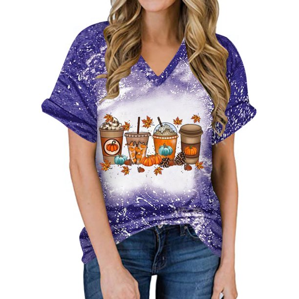 Camiseta con cuello en V para mujer Camiseta con estampado de Halloween Camiseta de manga corta Tops Pompotops hkajfhjk472945