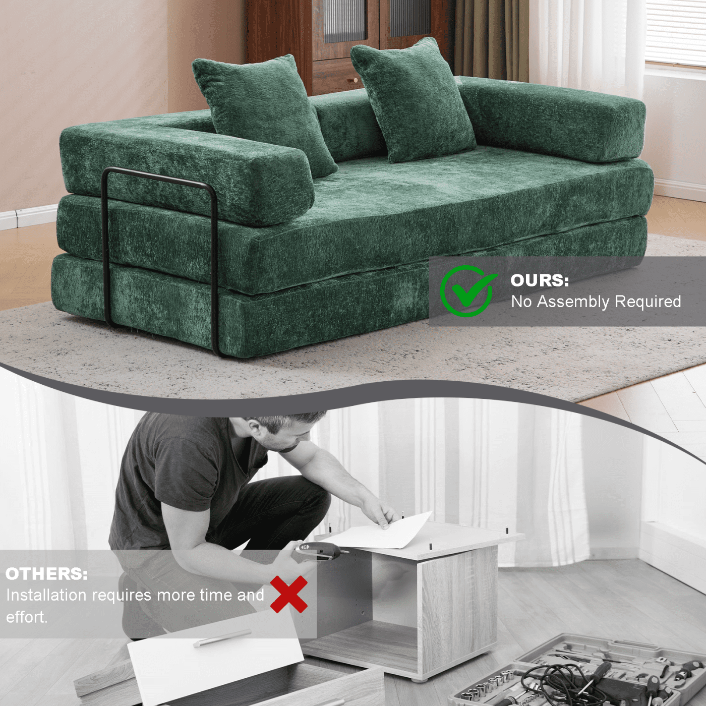 Jopath 76 Inch Convertible Sleeper Sofa Bed,Folding Floor Mattress Couch with Fixed-Shape Frame,Futon Boneless Couch Lounge Loveseat with Pull Out Bed, No Assembly Required,Dark Green+Chenille