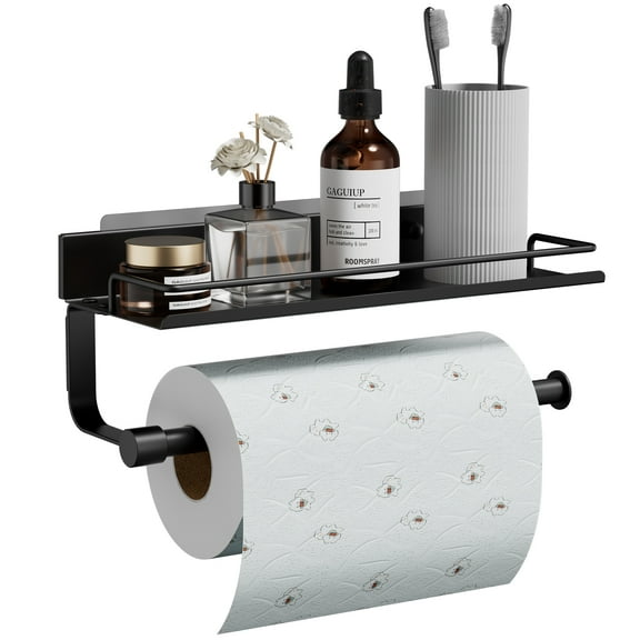 Paper Towel Holder Wall Mount-With Shelves Adhesive Paper Towel Holder For Bathroom/Kitchen, Adhesive Hand Towel Holder, Matte Black