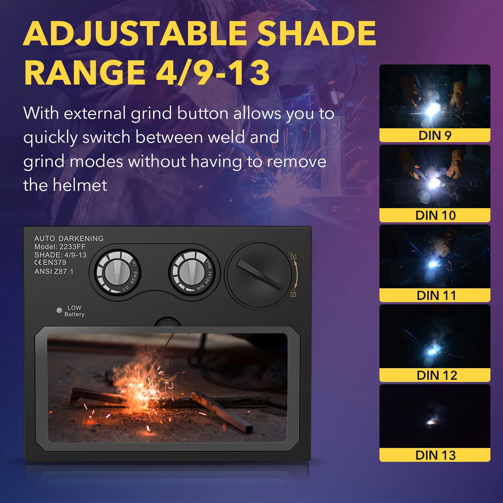 TRQWH HD Auto Darkening Welding Lens 4.33"x3.54" Solar True Color Filter with 2 Arc Sensor Adjustable Shade Range 4/9-13 Replacement Welding Helmet Accessories for TRQWH Welding Hood