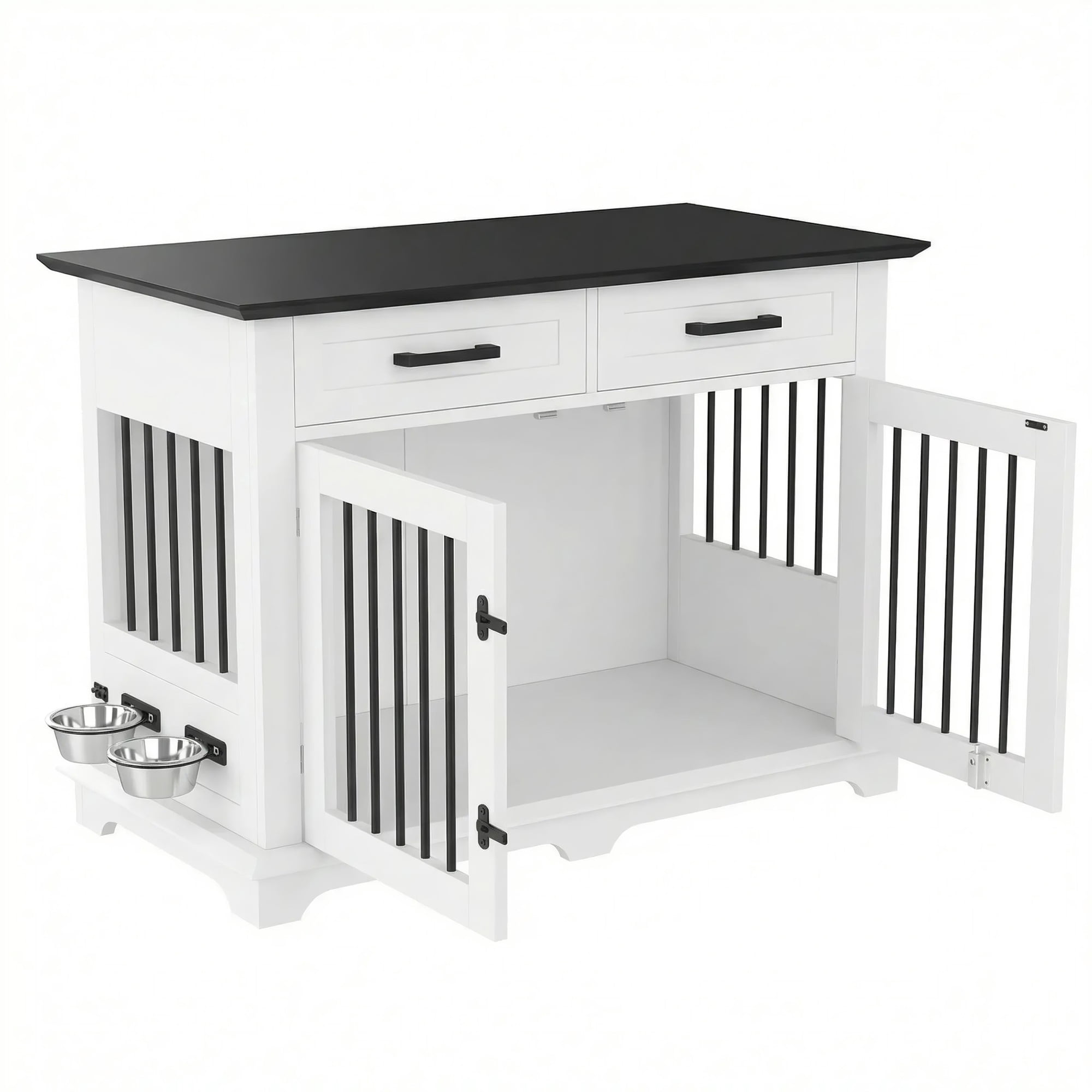 Euroco 44" Large Dog Crate Furniture, Wooden Indoor Dog Kennel End Table with Storage Shelf, 2 Drawers and Rotating Bowls, Dog Crate Cage House for Medium Dogs,White