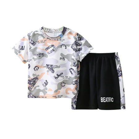 

Odeerbi Toddler Boys Two Piece Outfits Summer Clothes Fashion Casual Tie-dye Camouflage Round Neck Short Sleeve Tops Printed Shorts Set Gray