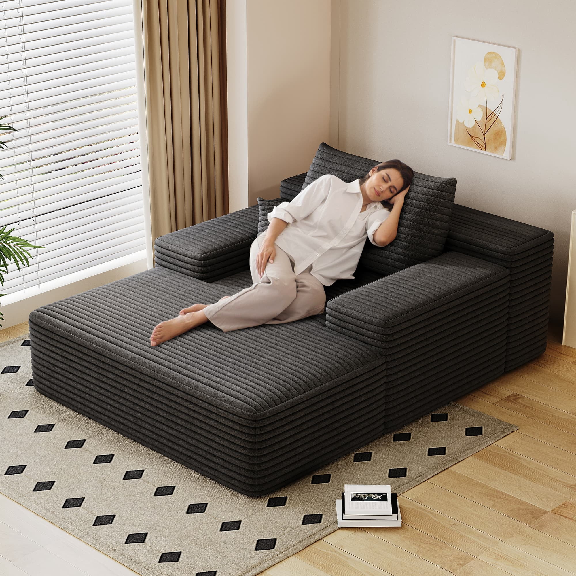 Leumius Oversized Chaise Lounge Chair Indoor Furniture, No Assembly Required, Plush Corduroy Upholstered Sofa Bed Cozy Sleeper Couch for Living Room, Bedroom, Dark Grey
