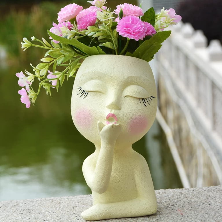 Mini Pretty Kissing Girl Resin Art Flower Pot, Lady Face Head