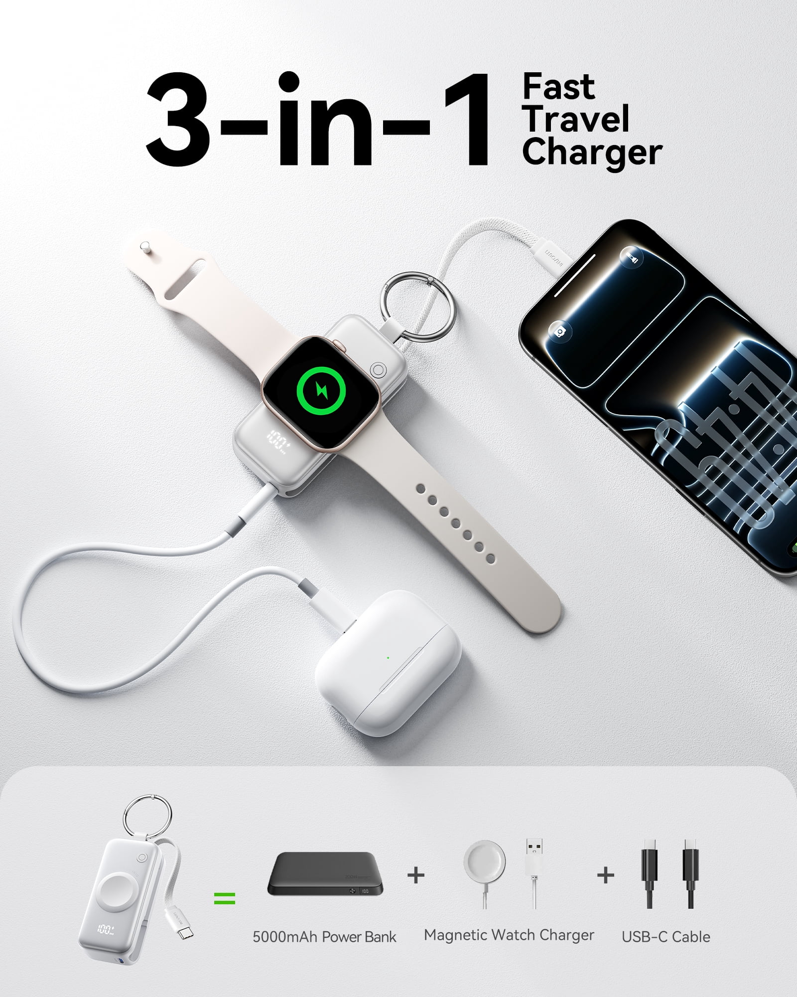 INIU 3-in-1 Portable Charger, Small 5000mAh Wireless Power Bank with Built-in Cable for Apple Watch 10/9/8/Ultra2/Ultra/SE, iPhone 17/16 etc, White
