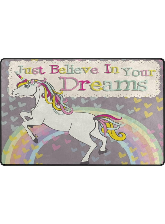 Wellsay Rainbow Unicorn Area Rug 1.7' x 2.6' Inspirational Motivational Quote Polyester Area Rug Mat for Living Dining Dorm Room Bedroom Home Decorative