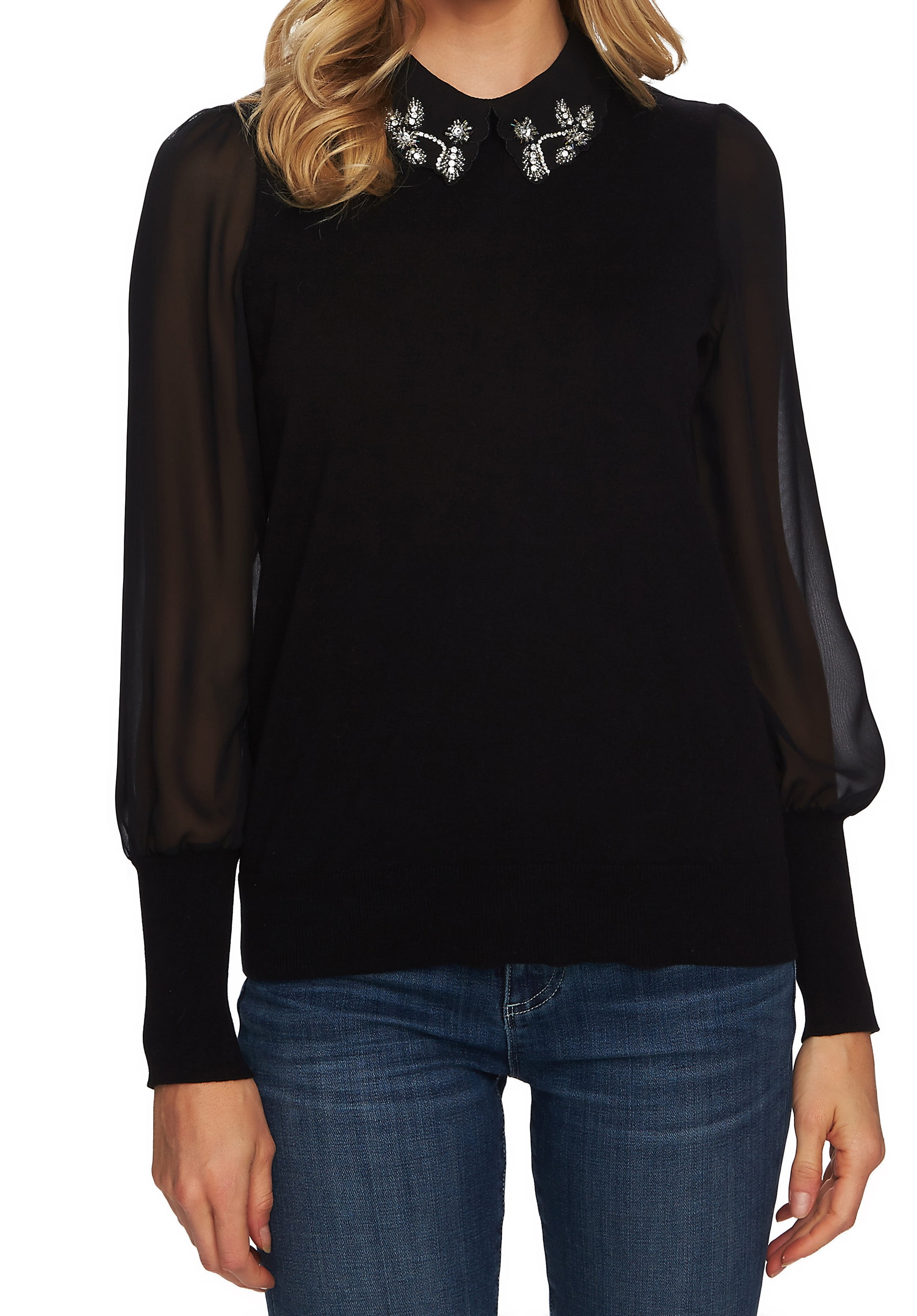 CeCe Womens Collared Embellished SheerSleeve Sweater XL Walmart