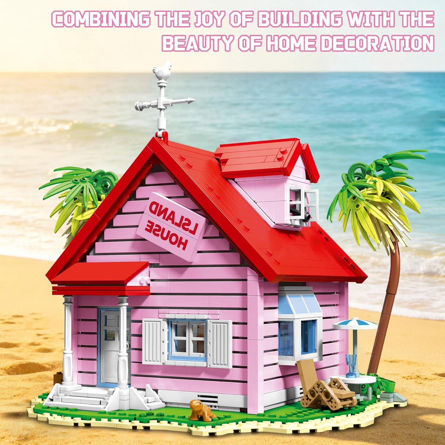Pink Island House Building Set, Seaside Villa Cabin Compatible with Lego Collection Model Kit 1434PCS